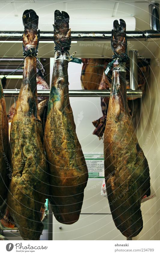 meal Food Meat Ham Swine Nutrition Slow food Covered market Dead animal Luxury Cudgel Legs Animal foot Hang Specialities Spanish Sell Trade Offer Colour photo