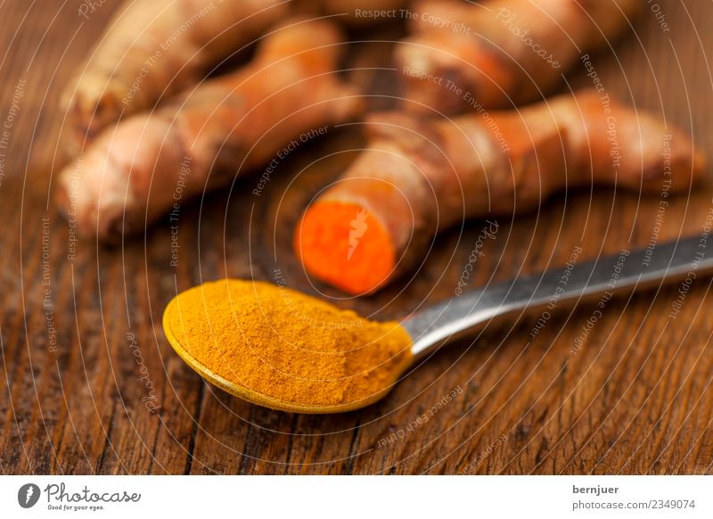turmeric Food Herbs and spices Organic produce Vegetarian diet Diet Asian Food Good Curcuma Spoon Milled Powder Root rhizome Wood Wooden board plank Deserted