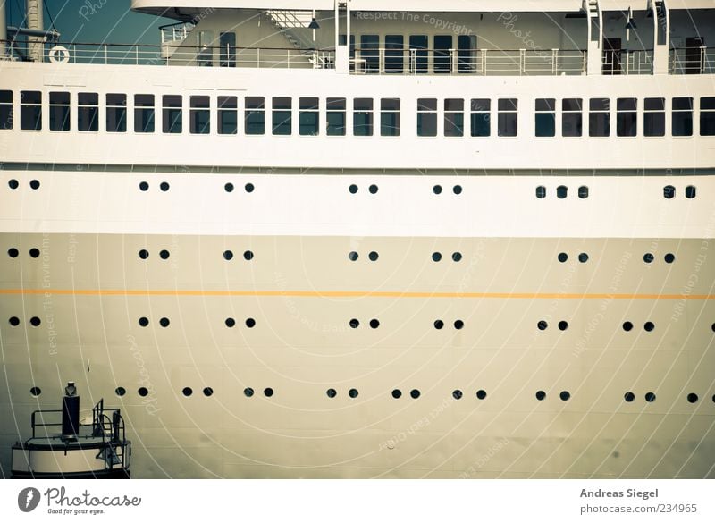 All hands off deck. Cruise Transport Means of transport Navigation Watercraft Passenger ship Cruise liner Porthole Deck Opening Window Railing Metal Gigantic