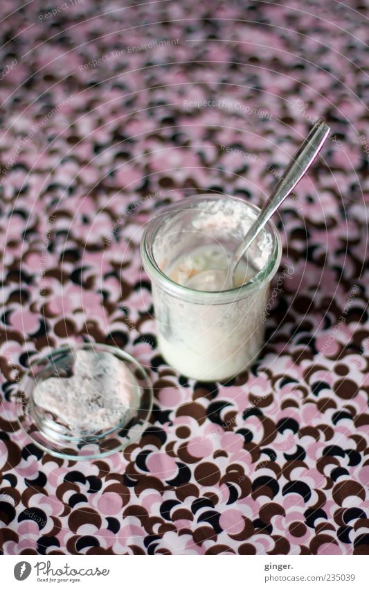 dessert Food Yoghurt Dessert To enjoy Sweet Spoon Pattern Muddled Glass Cap Candy Dish Spoon up Empty Pink Circle Tablecloth Colour photo Subdued colour