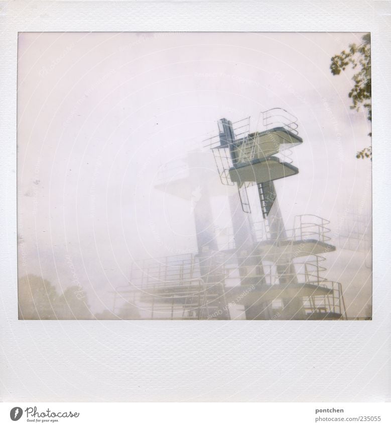 200! Euphoria Fear Springboard Double exposure Brave Colour photo Subdued colour Exterior shot Polaroid Day Sporting Complex Swimming pool Fog Hazy Deserted
