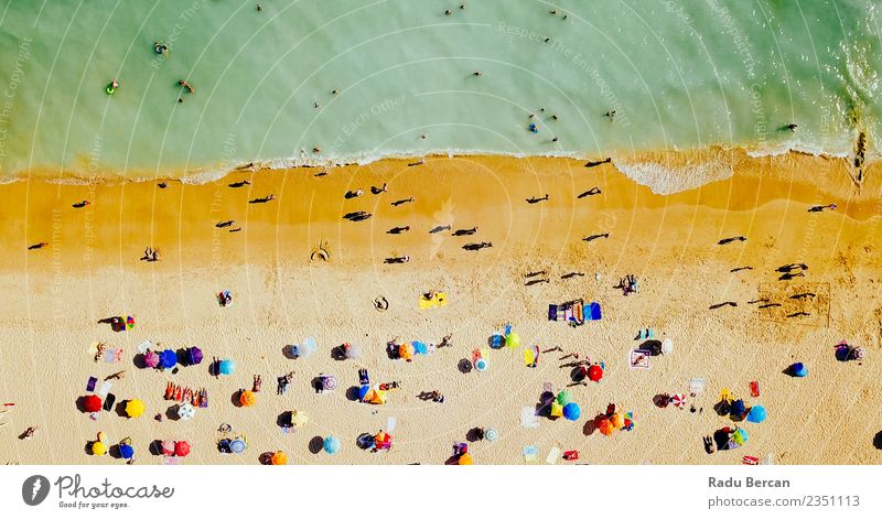 Aerial Drone View Of People On Beach In Portugal Lifestyle Exotic Joy Wellness Swimming & Bathing Vacation & Travel Adventure Summer Summer vacation Sunbathing
