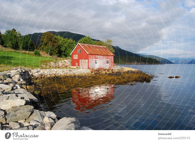 house on the lake Relaxation Mountain House (Residential Structure) Water Clouds Storm clouds Lakeside Fjord Norway Fishing village Deserted Hut Moody Serene