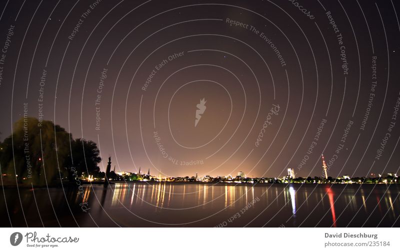 Stars above Hamburg Port City Outskirts Skyline Brown Gray Red Black Alster Banks of the Alster Night sky Colour photo Exterior shot Evening Light Shadow