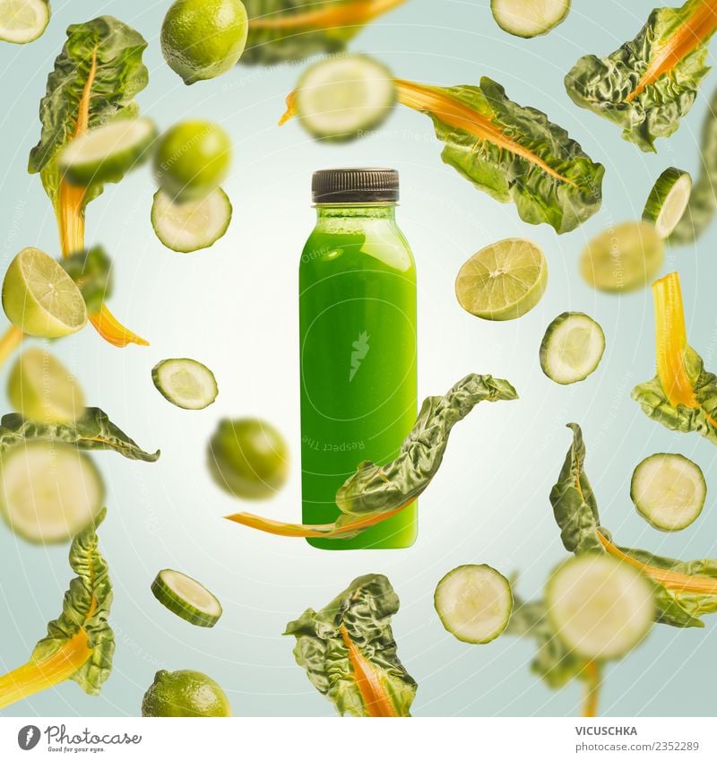 Bottle with green drink. Juice or smoothie Food Vegetable Fruit Nutrition Organic produce Vegetarian diet Diet Beverage Cold drink Lemonade Shopping Style