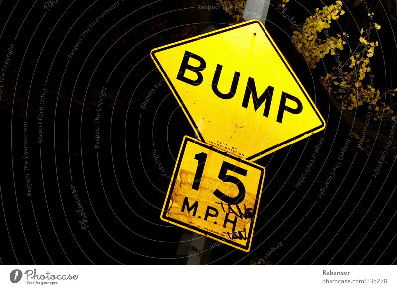 BUMP!! Road sign Dirty Thin Glittering Bright Clean Yellow Manhattan Caution Kilometers per hour Speed Sign 15 Lamp Rod Tree Leaf Black Dark Night Frame