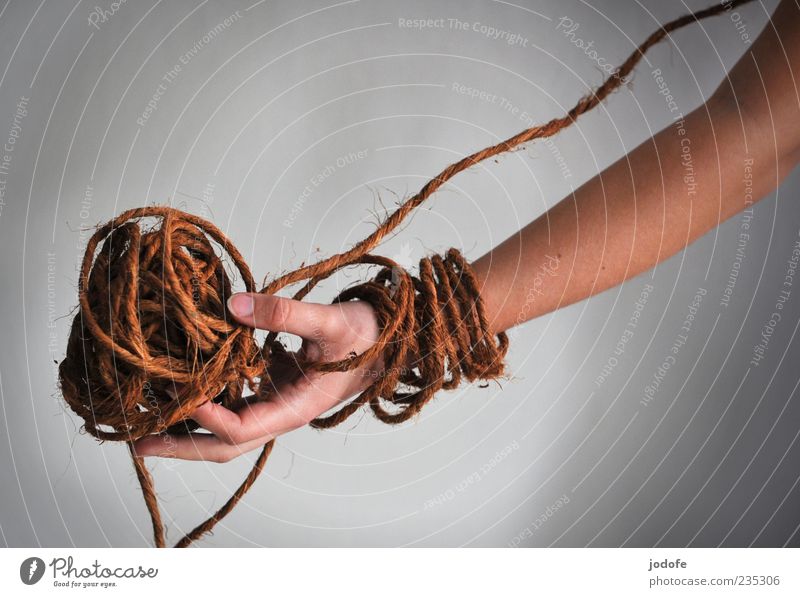 agglomeration Arm Hand coconut fibre Thread-like Coil To hold on Brown Thin Natural Knot coiled Presentation Muddled arm jewellery Colour photo Interior shot