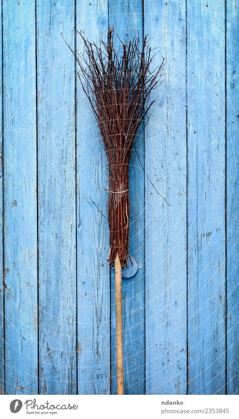 broom with a wooden handle Wood Old Retro Blue Brown Idea Broomstick Object photography equipment Witch brush vintage cleaning Domestic Housekeeping cleaner
