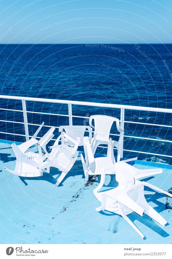 Windy corner Vacation & Travel Cruise Summer vacation Cloudless sky Horizon Ocean Boating trip Ferry Chair Plastic Sit Dance Together Maritime Trashy Blue White