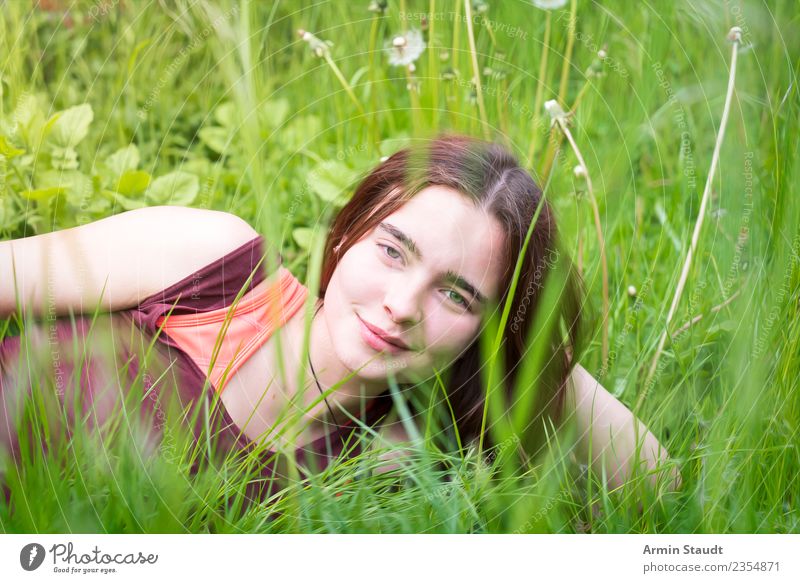 Portrait through spring meadow Lifestyle Style Joy Happy Beautiful Harmonious Well-being Contentment Senses Relaxation Calm Summer Human being Feminine