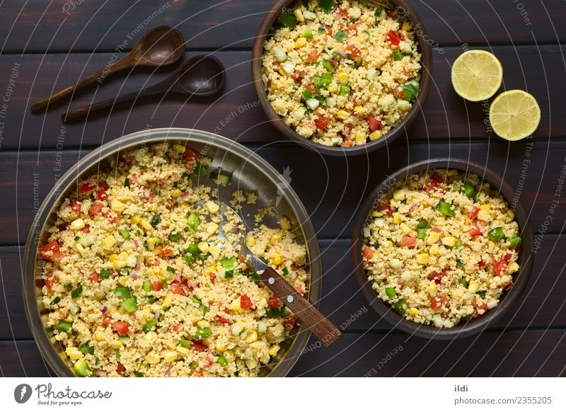 Vegetable and Couscous Salad Grain Lunch Dinner Vegetarian diet Fresh food couscous Raw Tomato pepper Onion corn cucumber savory healthy Dish Meal Side Snack