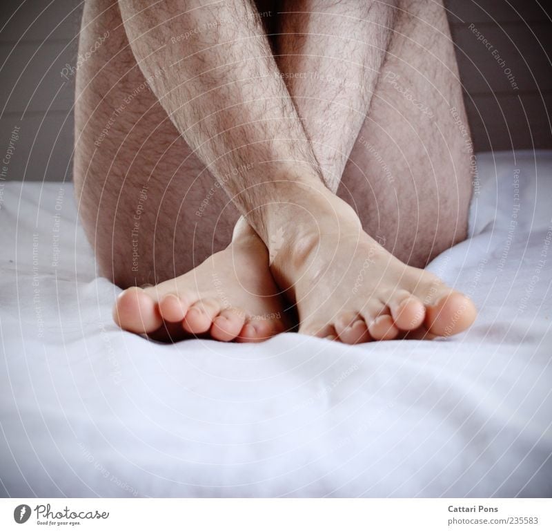 Unobtainable Masculine Body Skin Crouch Sit Bright Near Naked Natural Thin Shame Protection Hair Feet Hairy legs Legs Toes Crossed Sheet Hidden Interior shot