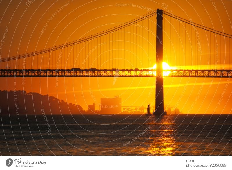 Sun behind bridge | Lisbon Vacation & Travel Sunrise Sunset Summer Port City Manmade structures Transport Traffic infrastructure Bridge Navigation