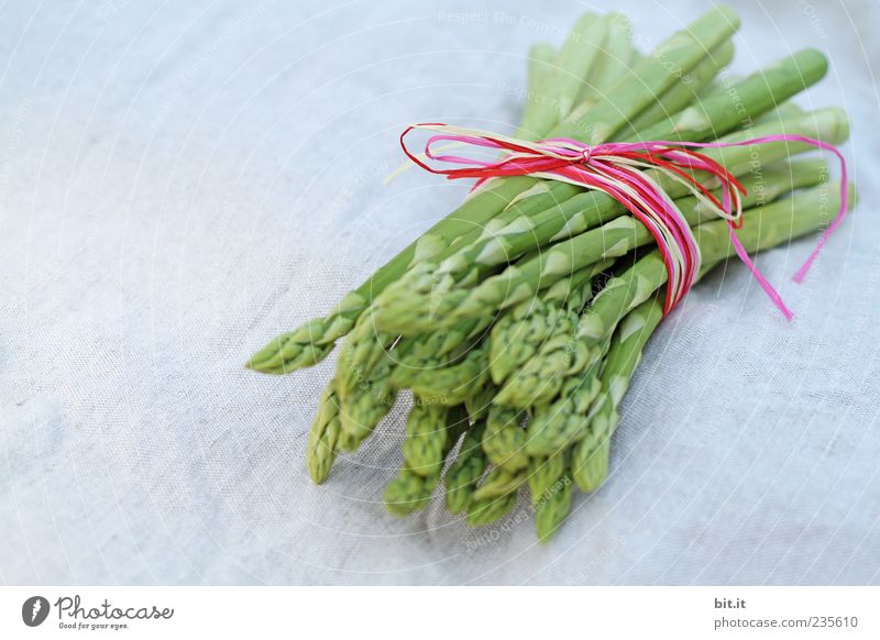 A portion of green asparagus, freshly harvested from the local field, decorated with a plaid ribbon of cloth, tied together, lies in the light on the table, on a white cloth of linen.