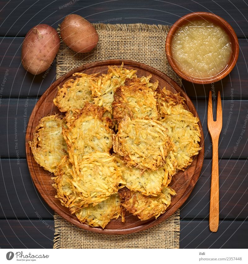 Potato Pancake or Fritter with Apple Sauce Vegetable Fruit Vegetarian diet Natural food fritter patty Meal Dish Snack grated pureed stewed German reibekuchen
