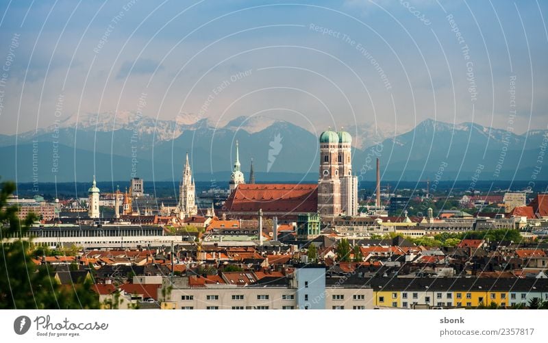 Munich Church of Our Lady and Alpine Panorama Summer Skyline Womens chruch Vacation & Travel Germany Frauenkirche alps view urban panorama cityscape City