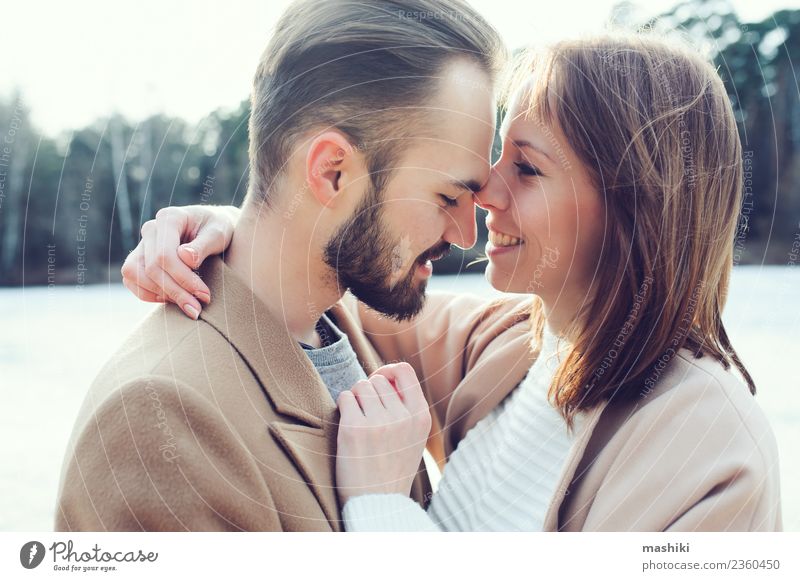 young happy loving couple Lifestyle Style Joy Happy Vacation & Travel Freedom Beach Woman Adults Man Couple Autumn Warmth Tree Forest Fashion Coat Beard Smiling