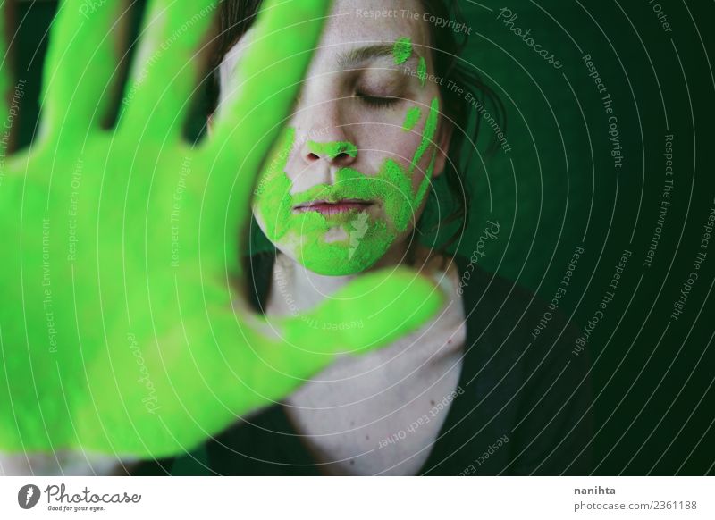 Young woman dirty of green dust behind her hand Design Exotic Face Relaxation Calm Meditation Human being Feminine Youth (Young adults) 1 18 - 30 years Adults