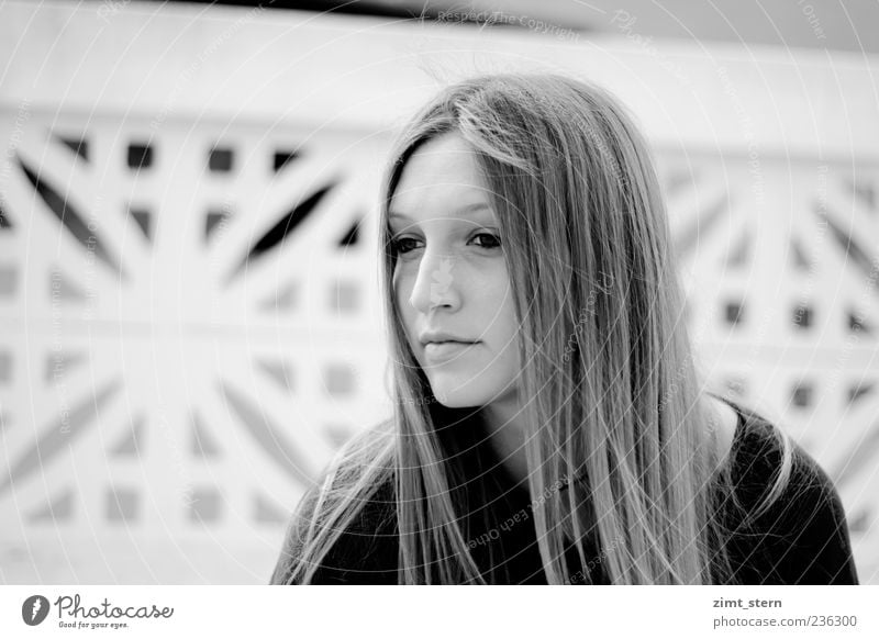 Thoughts in the wind Feminine Young woman Youth (Young adults) 1 Human being Long-haired Dream Beautiful Loneliness Black & white photo Copy Space left Day