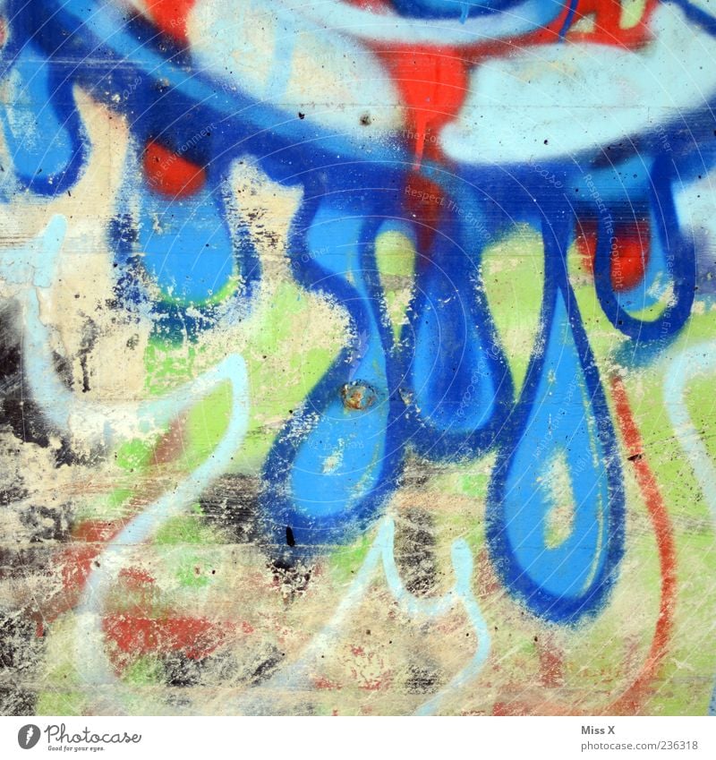 blub Graffiti Fluid Multicoloured Blue Dripping Drop Wall (building) Wall (barrier) Colour photo Exterior shot Close-up Pattern Deserted