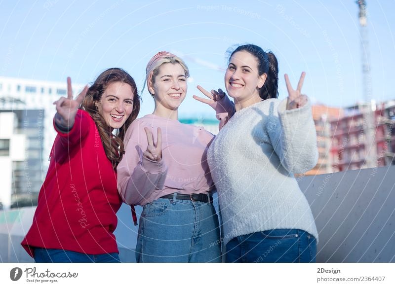 Portrait of three young happy girls gesturing Lifestyle Style Joy Happy Leisure and hobbies Vacation & Travel Summer Beach Ocean Success Human being Feminine