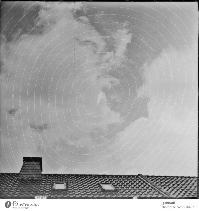 The sky above me Sky Clouds Weather Roof Chimney Skylight Cloud cover Analog Frame Black & white photo Exterior shot Deserted Day Sunlight Worm's-eye view