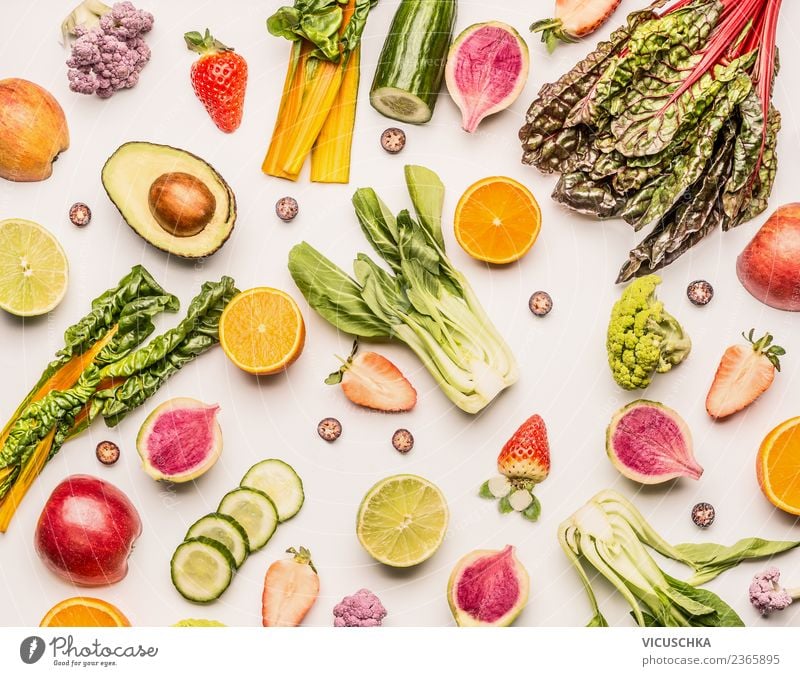 Lobules and halves of fruit and vegetables in white Food Vegetable Lettuce Salad Fruit Apple Orange Nutrition Organic produce Vegetarian diet Diet Style Design