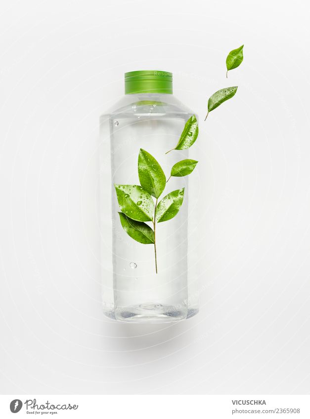 Bottle with water and green leaves Beverage Drinking Cold drink Drinking water Shopping Style Design Healthy Healthy Eating Wellness Life Summer Nature Water