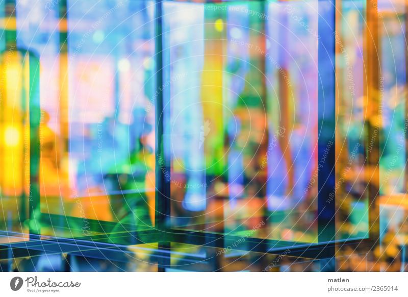 colorful transparency Wood Metal Illuminate Blue Multicoloured Yellow Gray Orange Black Shelves Reflection Colour photo Interior shot Abstract Pattern
