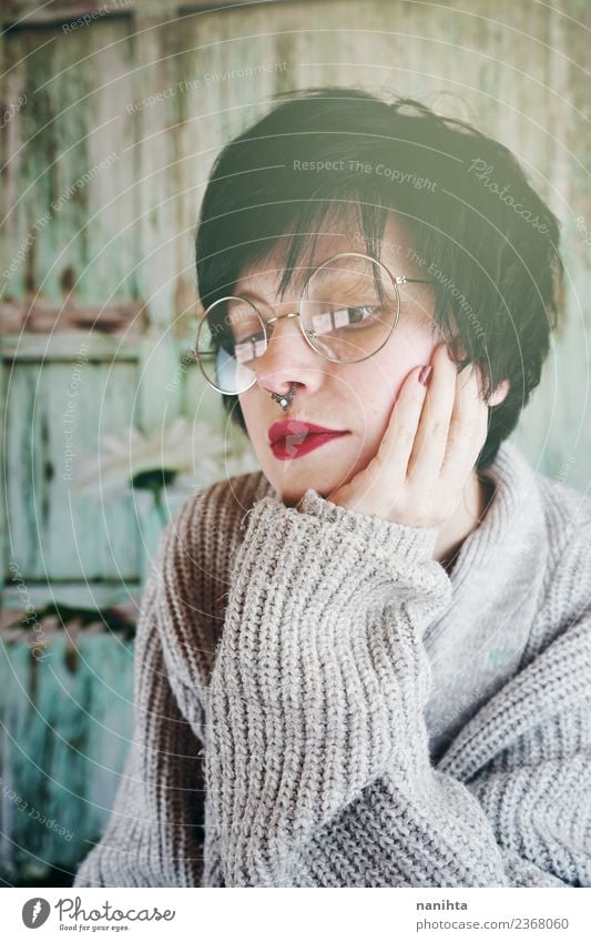 Portrait of young woman wearing glasses Lifestyle Style Beautiful Hair and hairstyles Make-up Human being Feminine Young woman Youth (Young adults) Woman Adults