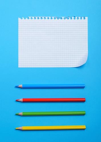 white blank sheet School Paper Pen Wood Blue Yellow Green Red White Society Idea Pencil Bent corner Hole Notebook background Graph Grid Blank page Consistency