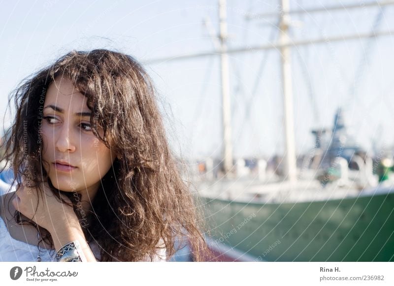 Hamburg Deern Feminine Young woman Youth (Young adults) 1 Human being 18 - 30 years Adults Port City Harbour Navigation Sailing ship Hair and hairstyles Curl