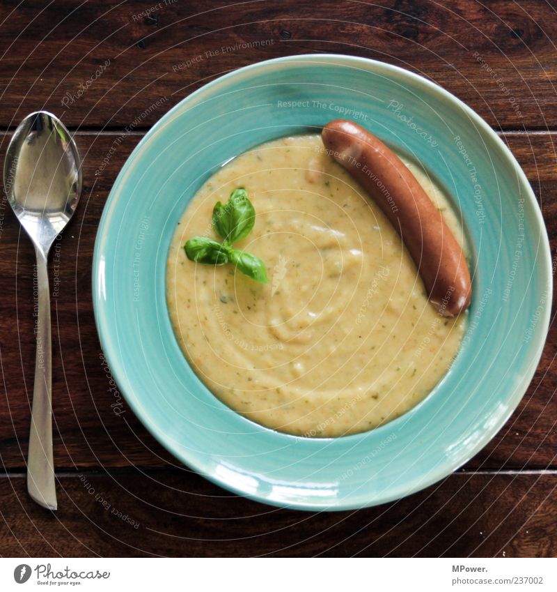 wullewupp potato soup Food Sausage Soup Stew Nutrition Lunch Crockery Plate Spoon Leaf Round Blue Green Small sausage Basil Puree Board Brown Appetite