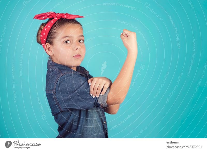 girl feminism,girl showing her muscular arm Lifestyle Joy Human being Feminine Girl Infancy 8 - 13 years Child Think To hold on Fitness Success Muscular