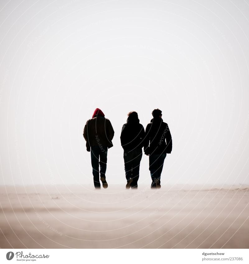 3 Trip Beach Ocean Hiking Human being Masculine Woman Adults Man Sand Cloudless sky North Sea Going Serene Calm To go for a walk Colour photo Subdued colour