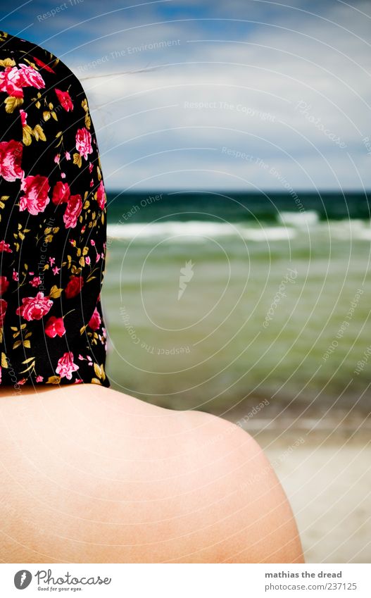 bisected Style Human being Feminine Head Shoulder Water Sky Clouds Horizon Summer Beautiful weather Beach Clothing Accessory Uniqueness Flowery pattern