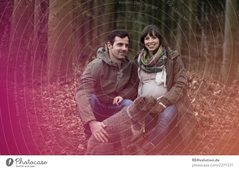 Young couple in the forest with dog Lifestyle Style Human being Masculine Feminine Young woman Youth (Young adults) Young man Family & Relations Couple Partner