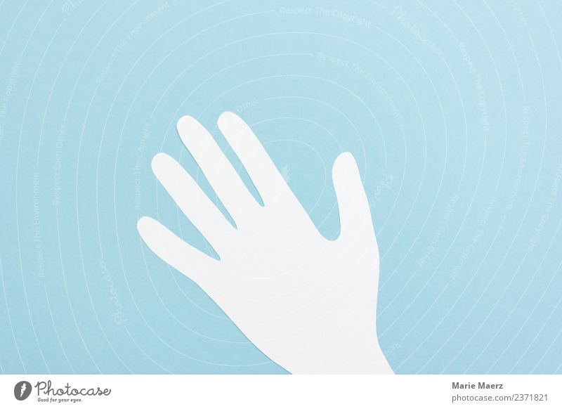 Hand silhouette made of paper Communicate Friendliness Blue White Brave Help Wave Pipe up Sign Signal Gesture join in Colour photo Studio shot Copy Space top