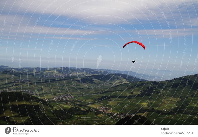 Weekend and sunshine Paraglider Paragliding Landscape Sky Clouds Eastern Switzerland Flying Free Red Freedom Colour photo Exterior shot Copy Space top Day