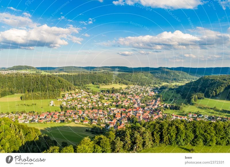 Albstadt Pfeffingen aerial photo Environment Nature Landscape Sky Clouds Horizon Sunlight Summer Climate Weather Beautiful weather Tree Foliage plant Field Hill