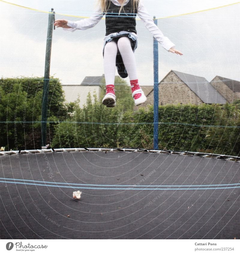 take off! Trampoline Human being Child Girl 1 Dress Tights Blonde Long-haired Flying Playing Jump Small Hop Air Childlike Joy Colour photo Exterior shot