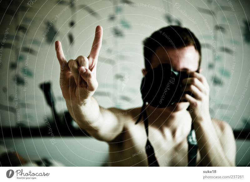 Rock in Mir Masculine Sign Colour photo Interior shot Day Rocker Fingers Make Self portrait Take a photo Photographer Camera 1 Reflection Young man Subculture