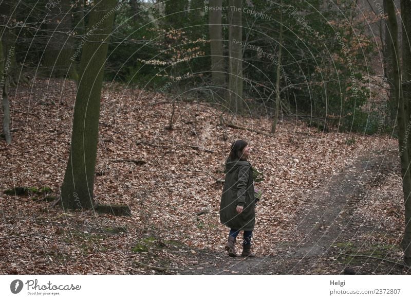 Health | Young woman goes for a walk in the autumn forest and looks away laughing Woman feminine brunette Long-haired Clothing Coat Boots Autumn Forest