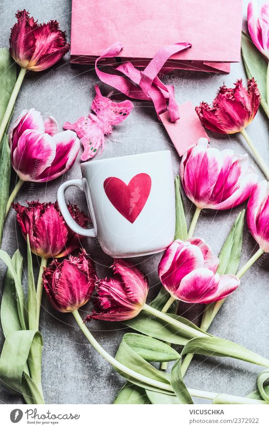 Pink tulips and white cup with heart Shopping Style Design Event Feasts & Celebrations Valentine's Day Mother's Day Wedding Birthday Nature Plant Flower Tulip