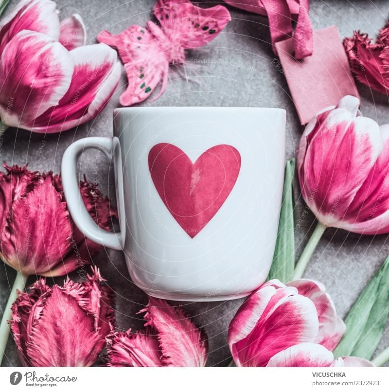 White cup with heart and pink tulips Beverage Style Design Feasts & Celebrations Valentine's Day Mother's Day Birthday Plant Flower Tulip Decoration Bouquet