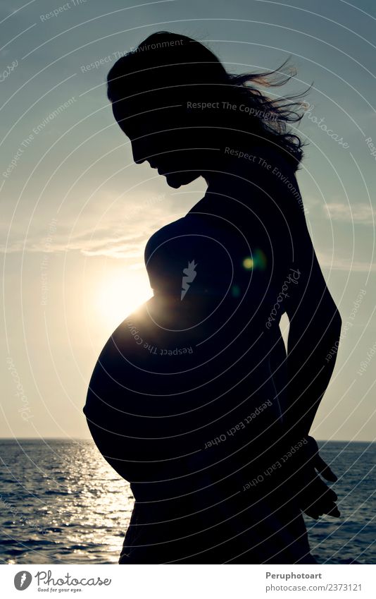 Silhouette of a pregnant woman in the sea Lifestyle Happy Beautiful Body Relaxation Vacation & Travel Summer Sun Beach Ocean Human being Woman Adults Mother