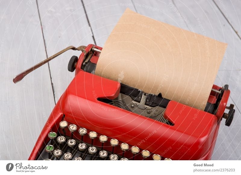Red vintage typewriter with blank paper sheet on table Style Table Work and employment Office Mail Technology Paper Wood Old Write Retro White Inspiration