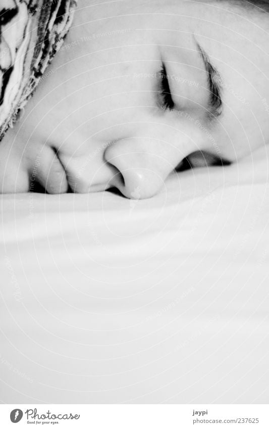 Face of sleeping woman Contentment Relaxation Calm Bed Human being Feminine Young woman Youth (Young adults) 1 18 - 30 years Adults Lie Sleep Black White