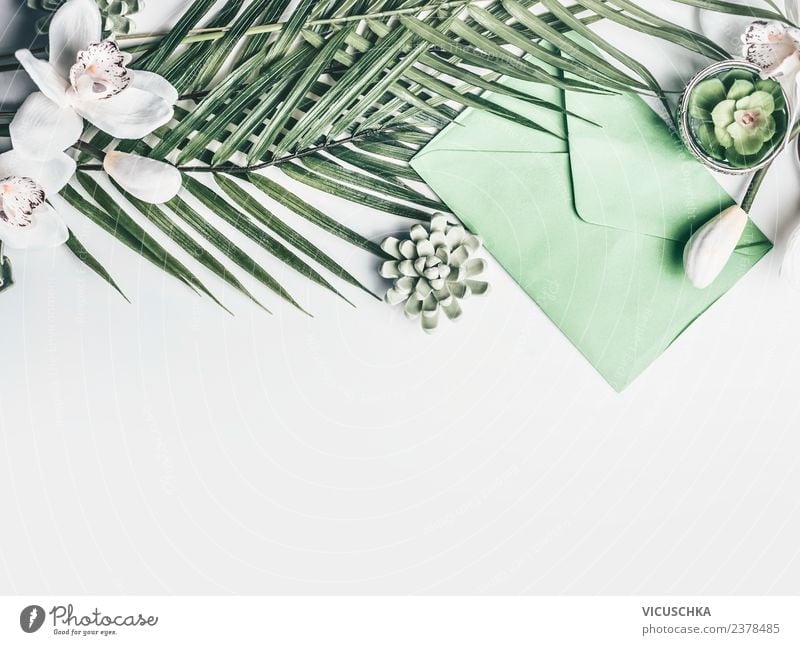 Green tropical leaves with flowers and envelope Style Design Vacation & Travel Summer Desk Event Feasts & Celebrations Wedding Birthday Flower Leaf Blossom