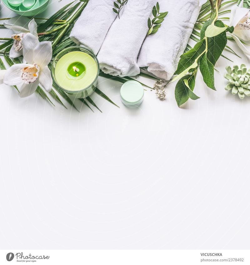 Green spa background with cloth, candle and orchid Style Design Beautiful Personal hygiene Cosmetics Cream Wellness Relaxation Spa Bathroom Plant Flower Orchid
